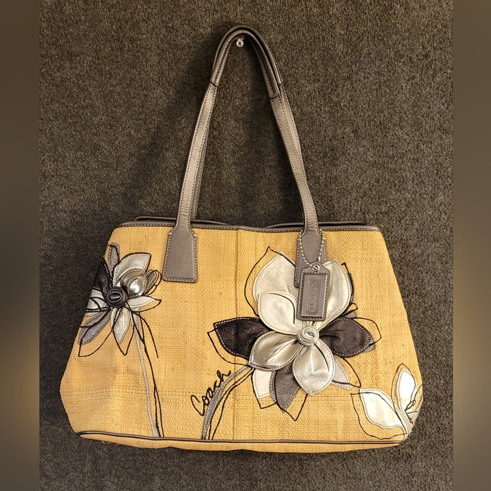 Coach Straw with Silver, Black, White, and Metalic Floral Design Kisslock Bag